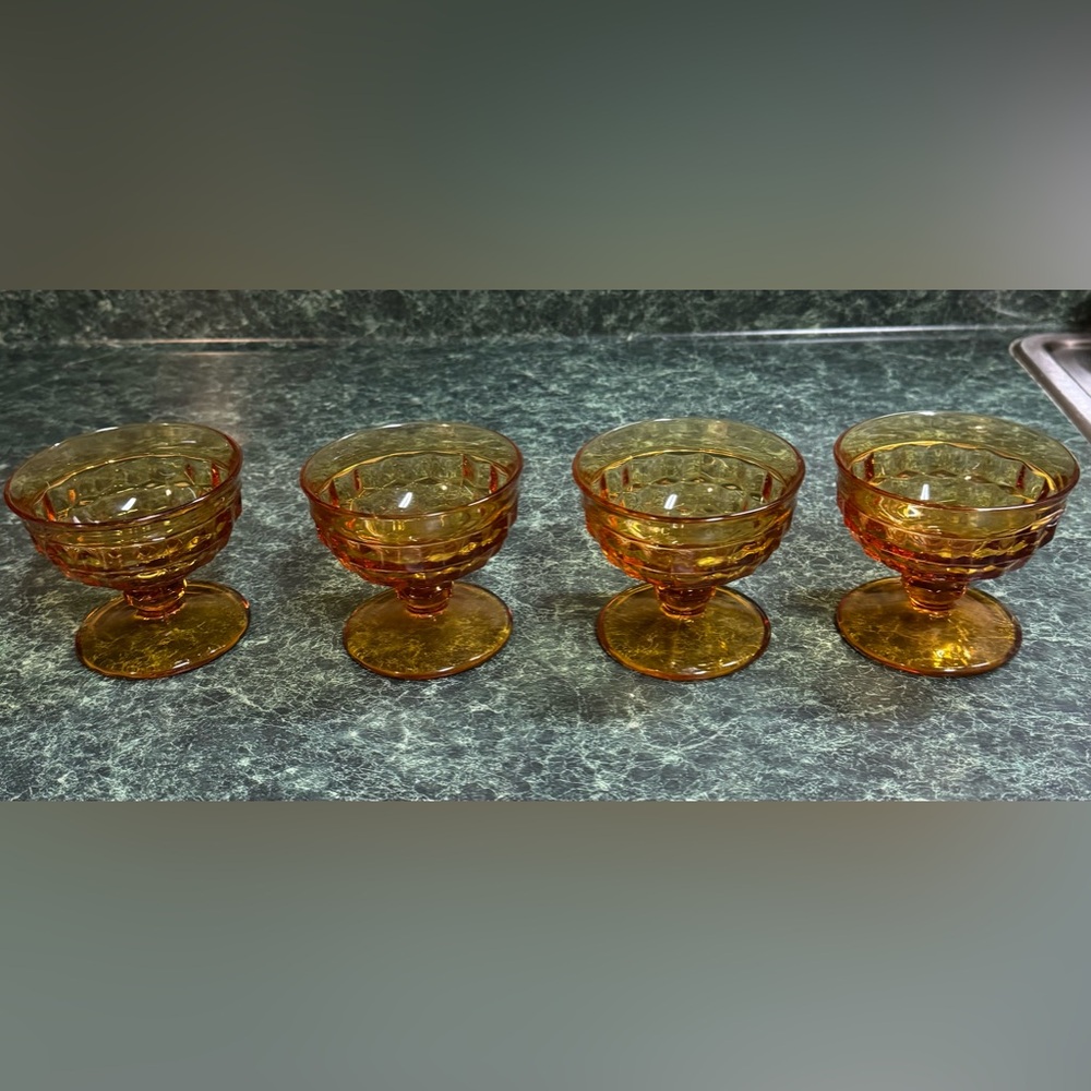 Vintage Indiana Glass Cubist Amber Glass Dessert Cups Set of 4  EUC